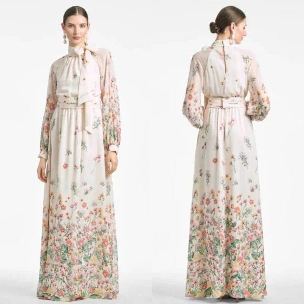 Sachin & Babi Size 10 Vera Pink Green Cream Floral‎ Long Sleeve Gown Maxi Dress